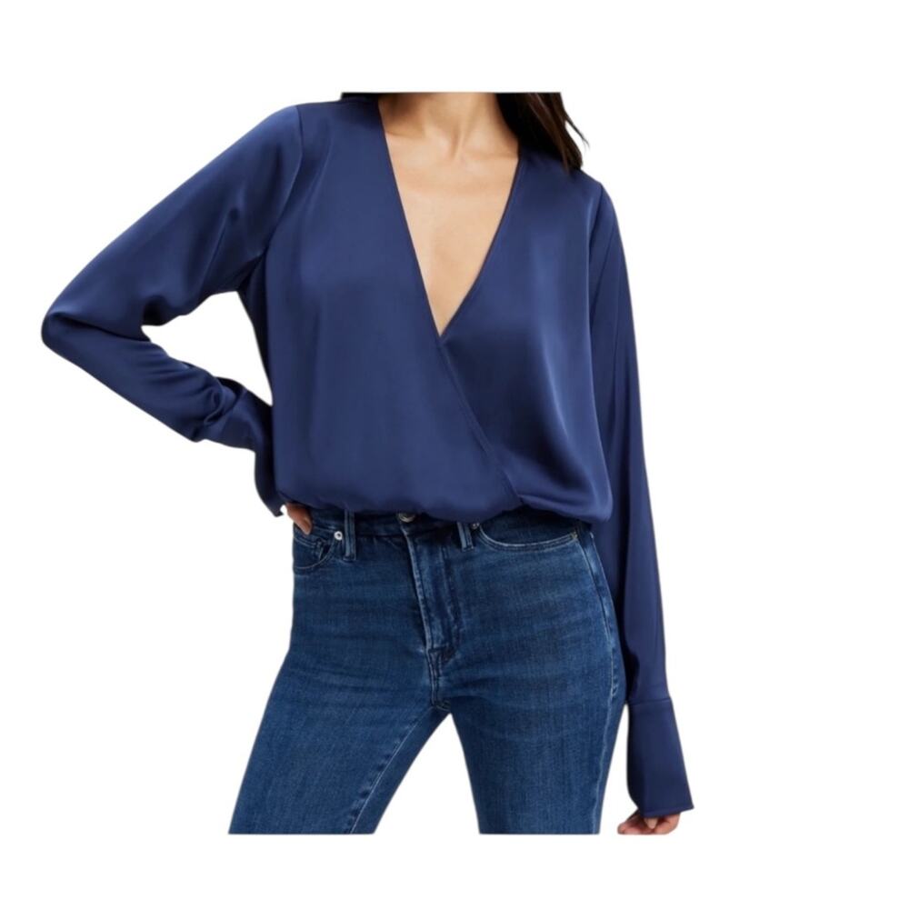Good American Satin Blue Wrap Blouse with Cuffed Long Sleeves Size XL GA Size 4